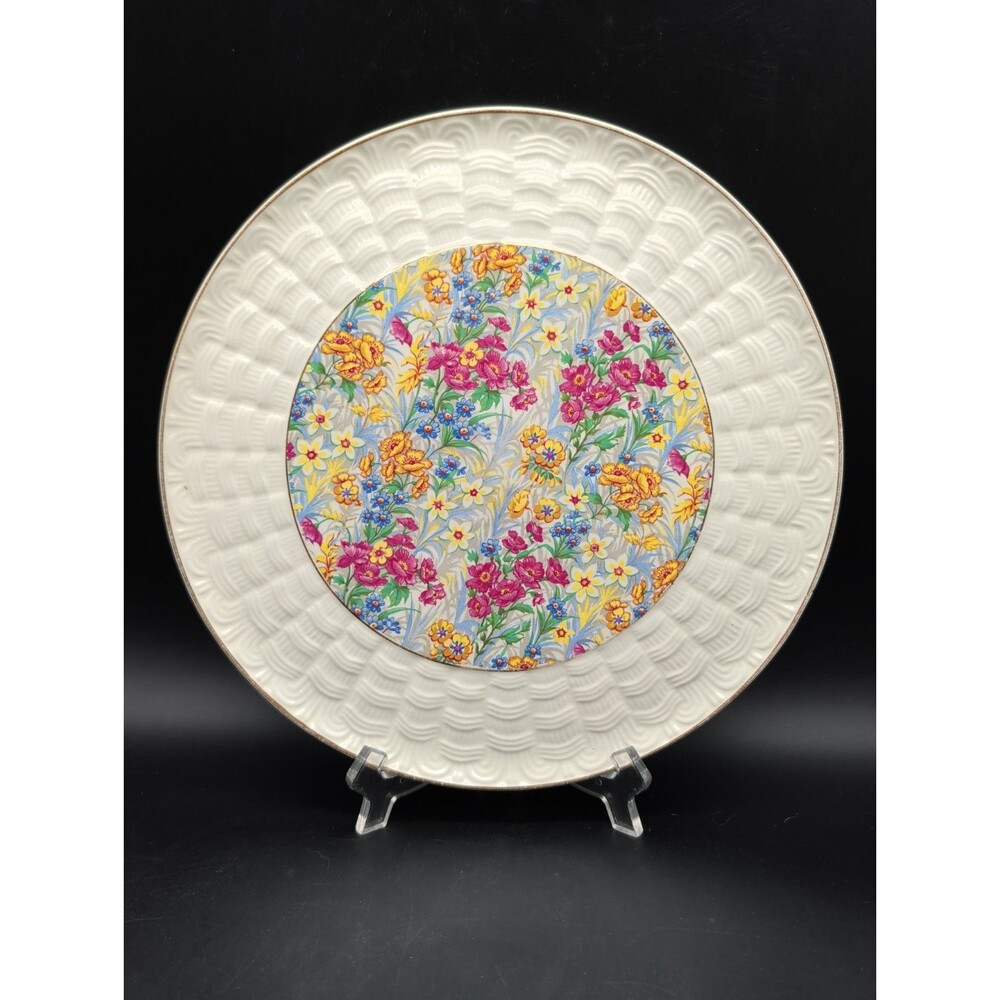 Vintage Erphila Sussex Cheery Chintz Cake Plate Embossed Basketweave Floral 11”